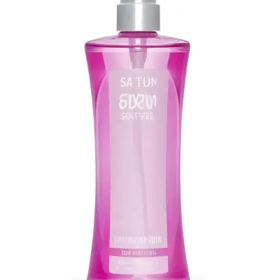 A Pink Body Spray Bottle With A White Cap And A Pink Label On A Pink Background 31 5556