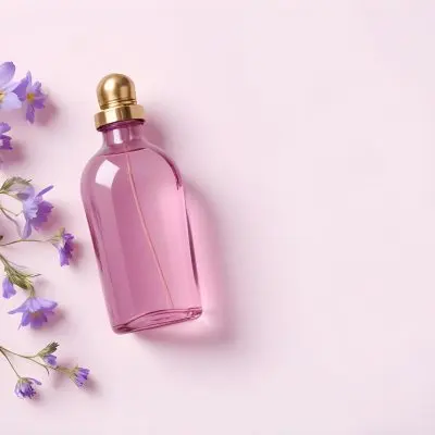 A Pink Bottle With A Golden Cap And Purple Flowers On A Pink Background Product Photography Studio Shot Soft Lighting Minimalist Composition Clean Aesthetic 22 E270
