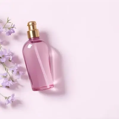 A Pink Bottle With A Golden Cap And Purple Flowers On A Pink Background Product Photography Studio Shot Soft Lighting Minimalist Composition Clean Aesthetic 3 0e91