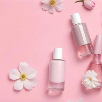 A Pink Cosmetic Bottle And A Glass Bottle With A Pink Liquid Surrounded By Pink Flowers On A Pink Background 10 374f
