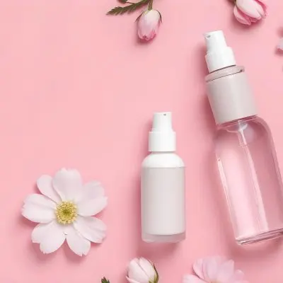A Pink Cosmetic Bottle And A Glass Bottle With A Pink Liquid Surrounded By Pink Flowers On A Pink Background 8 5210