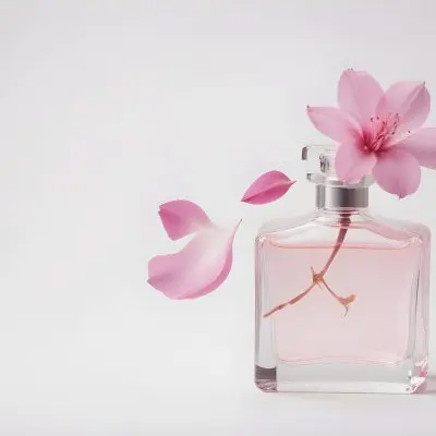 A Pink Flower Inside A Glass Perfume Bottle With Some Petals Around It On A White Background 12 A14c