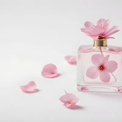 A Pink Flower Inside A Glass Perfume Bottle With Some Petals Around It On A White Background 23 2469