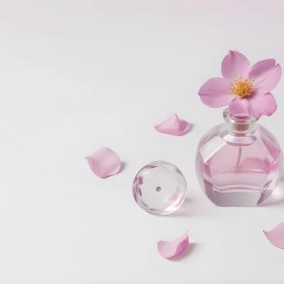 A Pink Flower Inside A Glass Perfume Bottle With Some Petals Around It On A White Background 26 Efa7