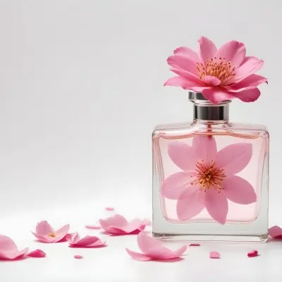 A Pink Flower Inside A Glass Perfume Bottle With Some Petals Around It On A White Background 27 Ce05