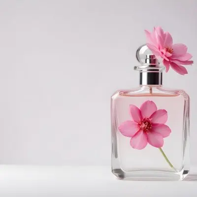 A Pink Flower Inside A Glass Perfume Bottle With Some Petals Around It On A White Background 28 21be