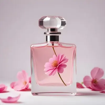 A Pink Flower Inside A Glass Perfume Bottle With Some Petals Around It On A White Background 34 9b2f