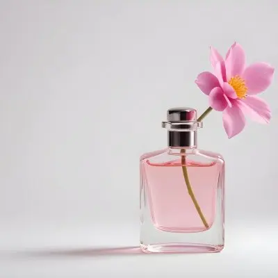 A Pink Flower Inside A Glass Perfume Bottle With Some Petals Around It On A White Background 38 B8c5