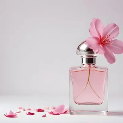 A Pink Flower Inside A Glass Perfume Bottle With Some Petals Around It On A White Background 4 8b73