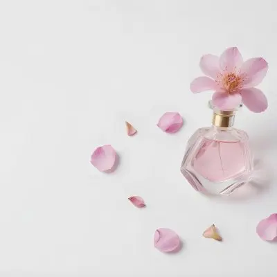 A Pink Flower Inside A Glass Perfume Bottle With Some Petals Around It On A White Background 47 5116
