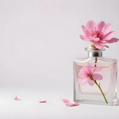 A Pink Flower Inside A Glass Perfume Bottle With Some Petals Around It On A White Background 51 6972
