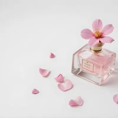 A Pink Flower Inside A Glass Perfume Bottle With Some Petals Around It On A White Background 56 350e