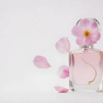 A Pink Flower Inside A Glass Perfume Bottle With Some Petals Around It On A White Background 66 1d9c