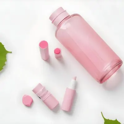 A Pink Glass Bottle And A Pink Lipstick Tube On A White Background With A Green Leaf 10 37f5