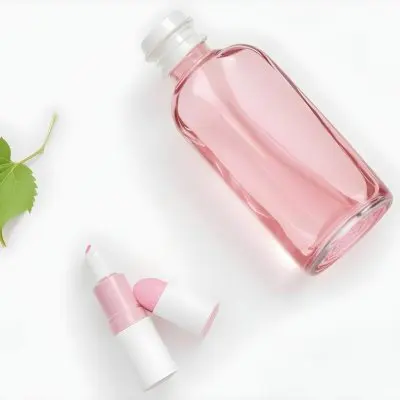 A Pink Glass Bottle And A Pink Lipstick Tube On A White Background With A Green Leaf 2 Ec34