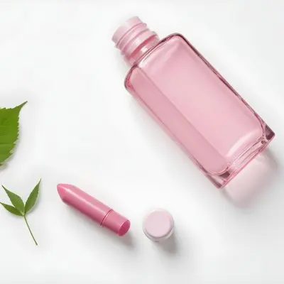 A Pink Glass Bottle And A Pink Lipstick Tube On A White Background With A Green Leaf 4 8328