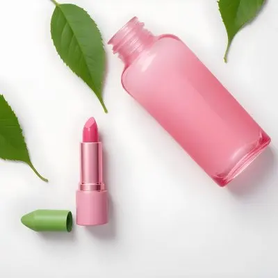 A Pink Glass Bottle And A Pink Lipstick Tube On A White Background With A Green Leaf 7 Be70