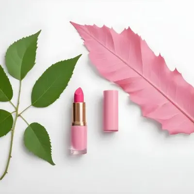 A Pink Glass Bottle And A Pink Lipstick Tube On A White Background With A Green Leaf 8 Cf5d