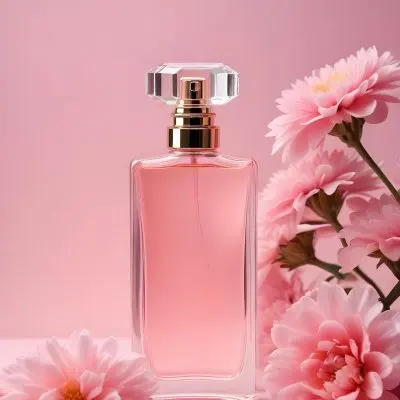 A Pink Glass Bottle Of Perfume Surrounded By Soft Pink Flowers On A Light Background 2