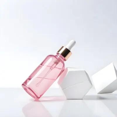 A Pink Glass Bottle With A Dropper Likely A Cosmetic Or Skincare Product On A White Background With Geometric Shapes 12 Ae92