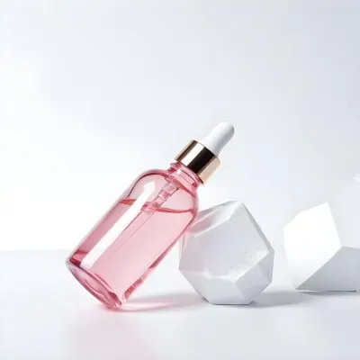 A Pink Glass Bottle With A Dropper Likely A Cosmetic Or Skincare Product On A White Background With Geometric Shapes 17 8625