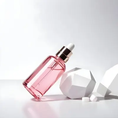 A Pink Glass Bottle With A Dropper Likely A Cosmetic Or Skincare Product On A White Background With Geometric Shapes 8 05bd