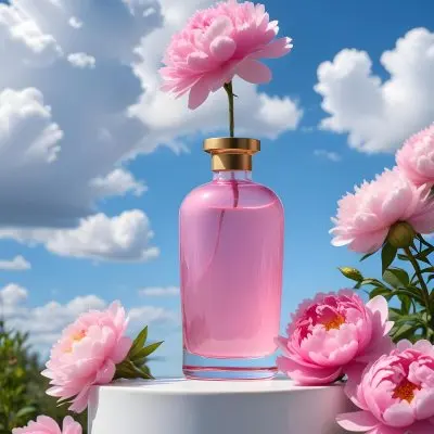 A Pink Glass Bottle With A Dropper Sits On A White Pedestal Surrounded By Pink Peonies Against A Blue Sky With Fluffy White Clouds 10 C643