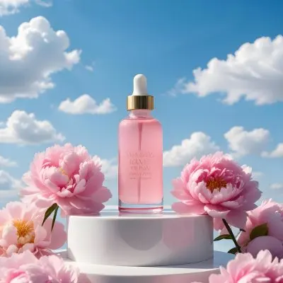 A Pink Glass Bottle With A Dropper Sits On A White Pedestal Surrounded By Pink Peonies Against A Blue Sky With Fluffy White Clouds 18 5857