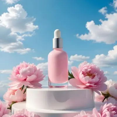 A Pink Glass Bottle With A Dropper Sits On A White Pedestal Surrounded By Pink Peonies Against A Blue Sky With Fluffy White Clouds 22 Df8b
