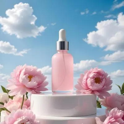 A Pink Glass Bottle With A Dropper Sits On A White Pedestal Surrounded By Pink Peonies Against A Blue Sky With Fluffy White Clouds 35 C6bc