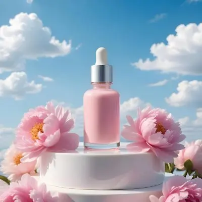 A Pink Glass Bottle With A Dropper Sits On A White Pedestal Surrounded By Pink Peonies Against A Blue Sky With Fluffy White Clouds 37 11ed