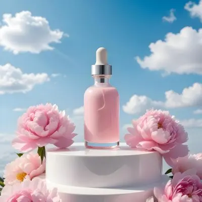 A Pink Glass Bottle With A Dropper Sits On A White Pedestal Surrounded By Pink Peonies Against A Blue Sky With Fluffy White Clouds 39 Cb3d