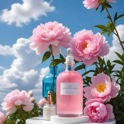 A Pink Glass Bottle With A Dropper Sits On A White Pedestal Surrounded By Pink Peonies Against A Blue Sky With Fluffy White Clouds 4 2048