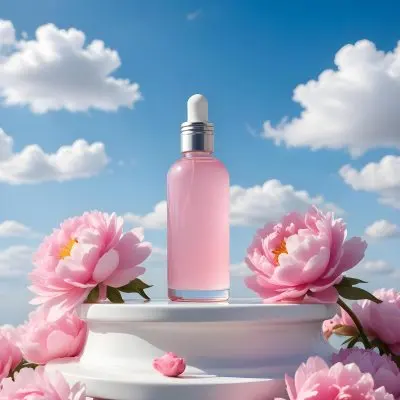 A Pink Glass Bottle With A Dropper Sits On A White Pedestal Surrounded By Pink Peonies Against A Blue Sky With Fluffy White Clouds 42 5a1c