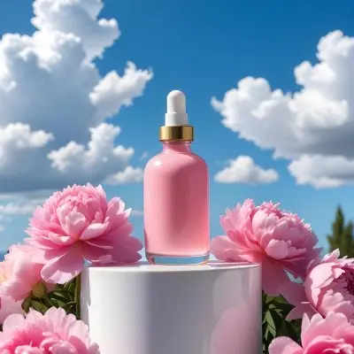 A Pink Glass Bottle With A Dropper Sits On A White Pedestal Surrounded By Pink Peonies Against A Blue Sky With Fluffy White Clouds 53 E2cc