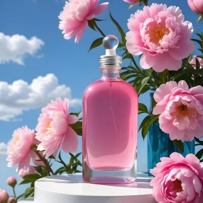 A Pink Glass Bottle With A Dropper Sits On A White Pedestal Surrounded By Pink Peonies Against A Blue Sky With Fluffy White Clouds 55 5bd2