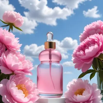 A Pink Glass Bottle With A Dropper Sits On A White Pedestal Surrounded By Pink Peonies Against A Blue Sky With Fluffy White Clouds 60 B2cf