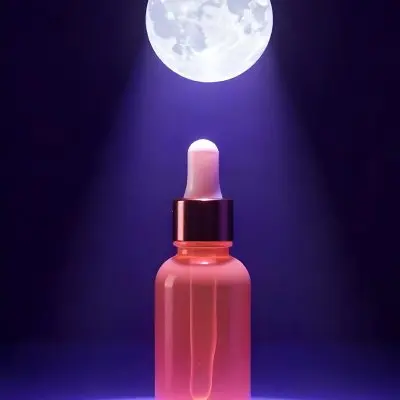 A Pink Glass Bottle With A White Dropper Cap Illuminated By A Bright Moon Against A Dark Purple Background Creating A Surreal And Dreamy Atmosphere 28 270e