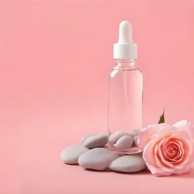 A Pink Glass Bottle With A White Dropper Cap Surrounded By Pink Rose Petals And Smooth Stones On A Pink Background 25 Bb67