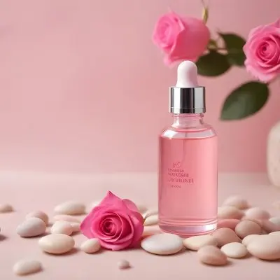 A Pink Glass Bottle With A White Dropper Cap Surrounded By Pink Rose Petals And Smooth Stones On A Pink Background 6 9a84