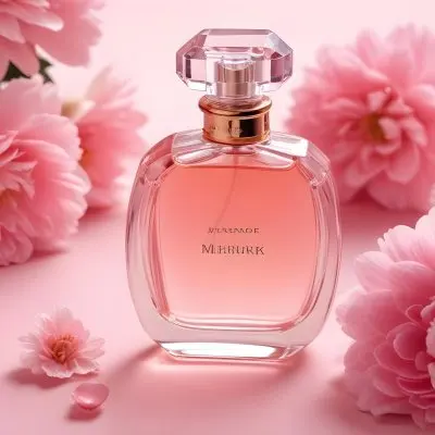 A Pink Glass Perfume Bottle Surrounded By Pink Flowers 13 A244