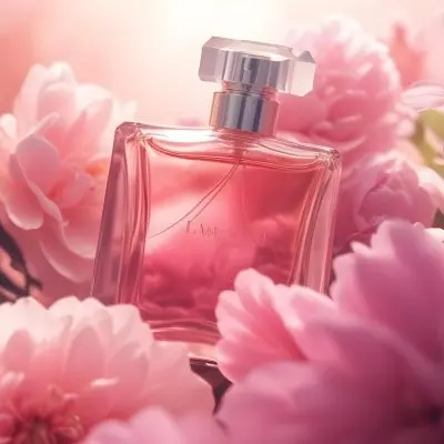 A Pink Glass Perfume Bottle Surrounded By Pink Flowers 21 F621