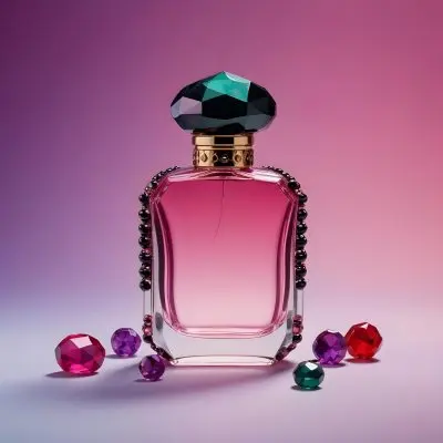 A Pink Glass Perfume Bottle With A Black Cap Surrounded By Pink And Purple Crystals On A Pink And Purple Gradient Background A Blue Ceramic Perfume Bottle With A Gold Cap Surrounded By Clear And Green Gemstones On A 27 Fa2e