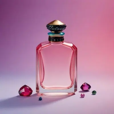 A Pink Glass Perfume Bottle With A Black Cap Surrounded By Pink And Purple Crystals On A Pink And Purple Gradient Background A Blue Ceramic Perfume Bottle With A Gold Cap Surrounded By Clear And Green Gemstones On A 33 F0c5