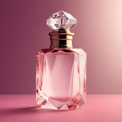 A Pink Glass Perfume Bottle With A Diamond Shaped Glass Stopper On A Pink Background 1 2948