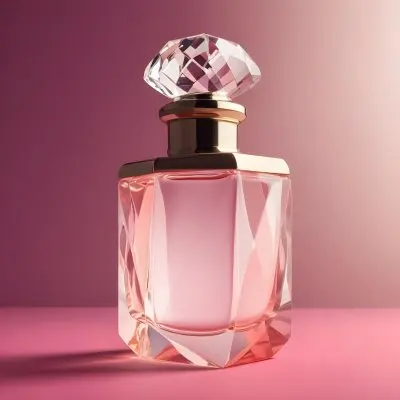 A Pink Glass Perfume Bottle With A Diamond Shaped Glass Stopper On A Pink Background 11 3c13