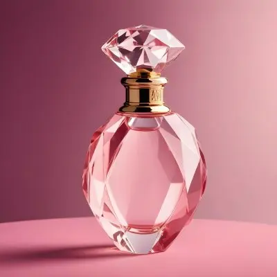 A Pink Glass Perfume Bottle With A Diamond Shaped Glass Stopper On A Pink Background 15 8617