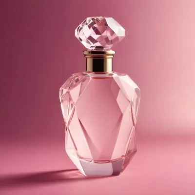 A Pink Glass Perfume Bottle With A Diamond Shaped Glass Stopper On A Pink Background 17 561c
