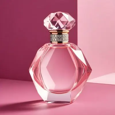 A Pink Glass Perfume Bottle With A Diamond Shaped Glass Stopper On A Pink Background 19 1007