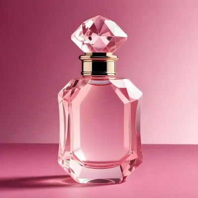 A Pink Glass Perfume Bottle With A Diamond Shaped Glass Stopper On A Pink Background 26 86e1